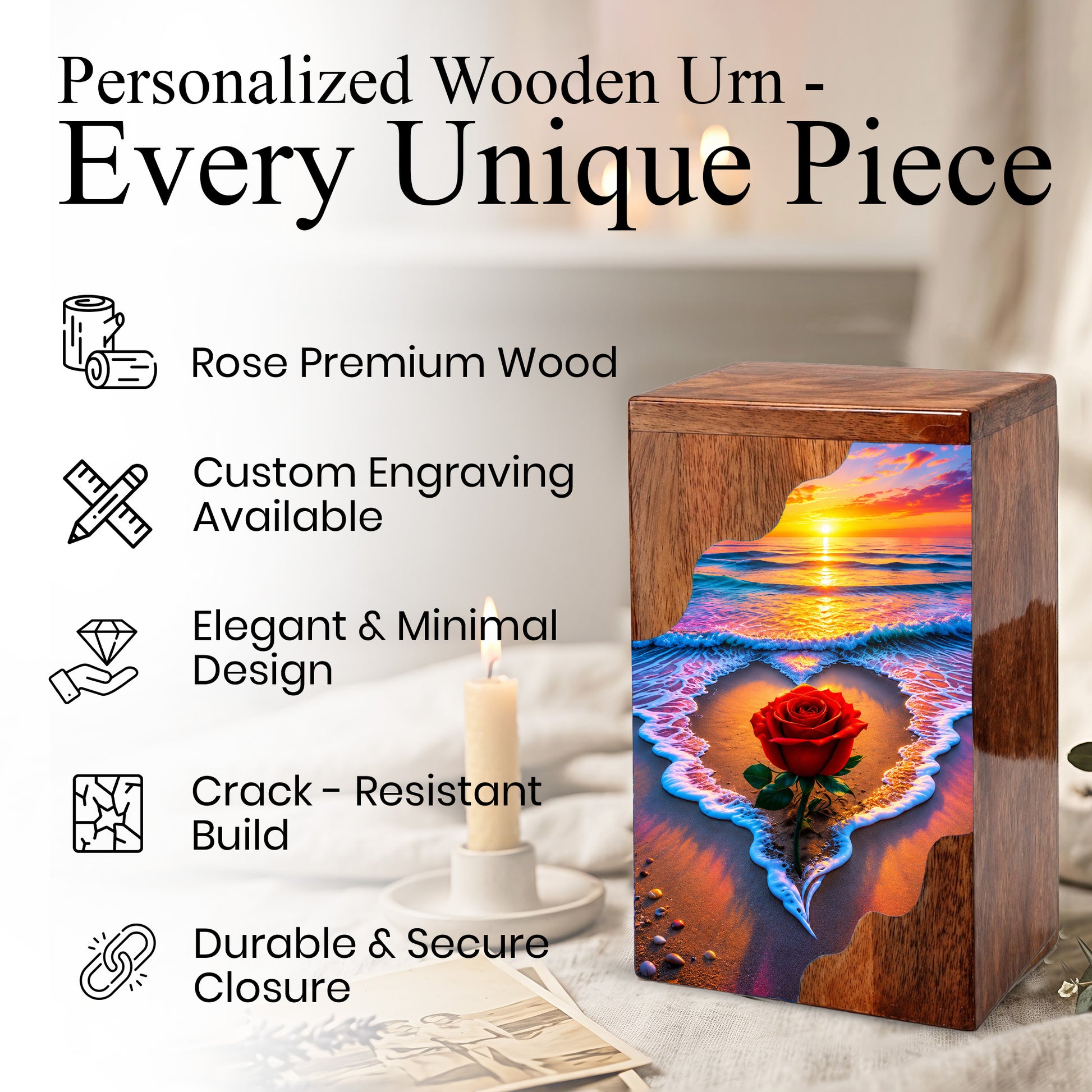 Rose Beach Wooden Cremation Urn – Sunset Ocean Memorial Urn for Human Ashes