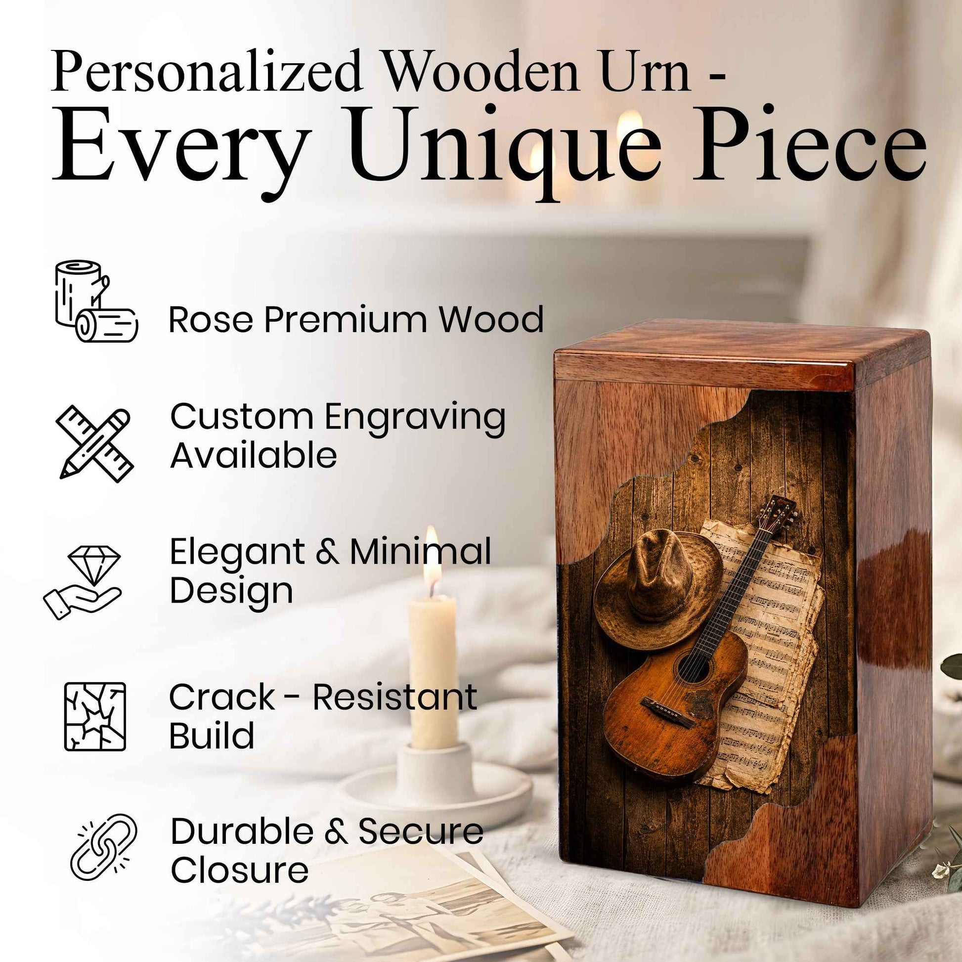 Personalized Wooden Cremation Urn for Dad, Guitar Memorial Urn