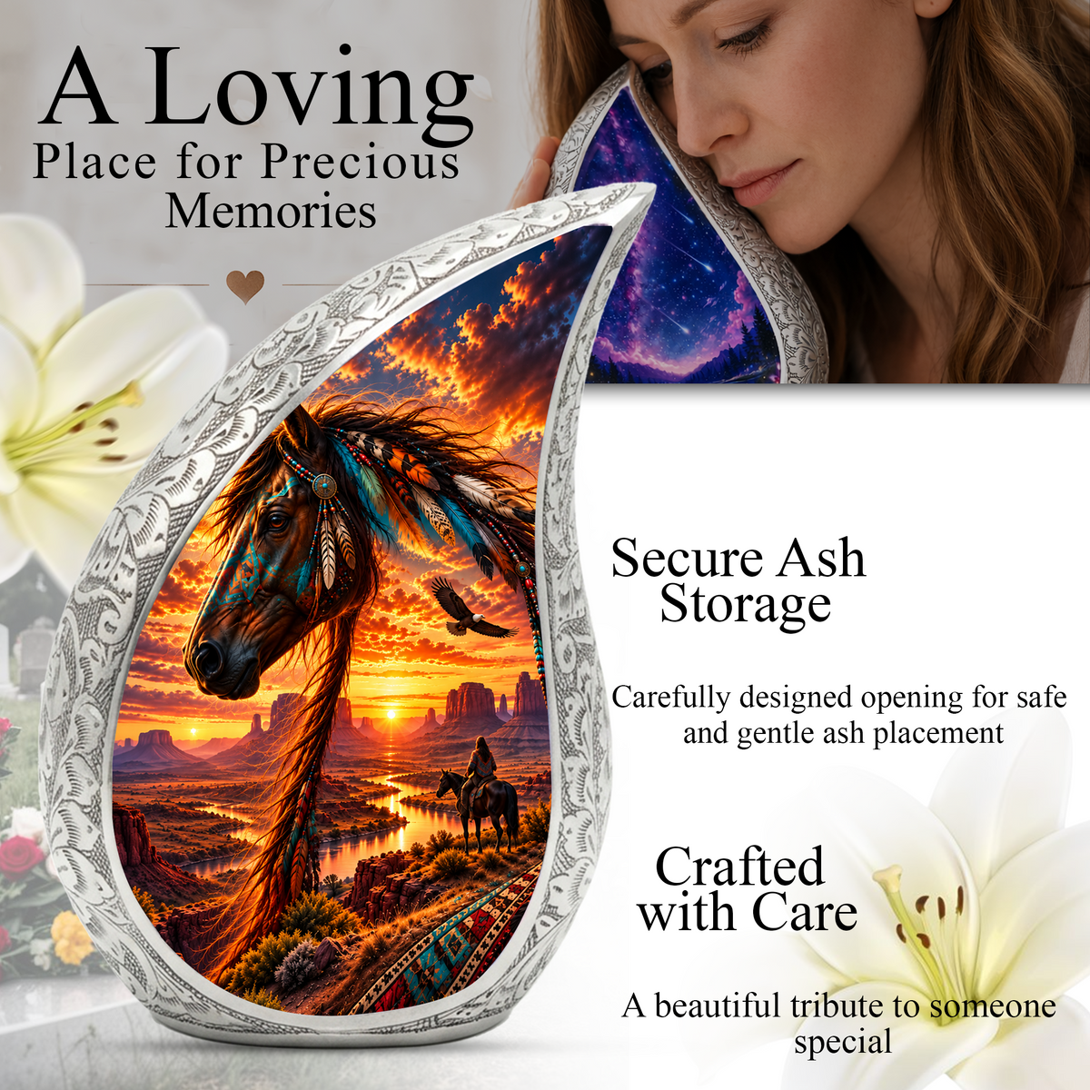 Native American Horse Cremation Urn for Ashes, Personalized Western Adult Urn, Horse Memorial Urn