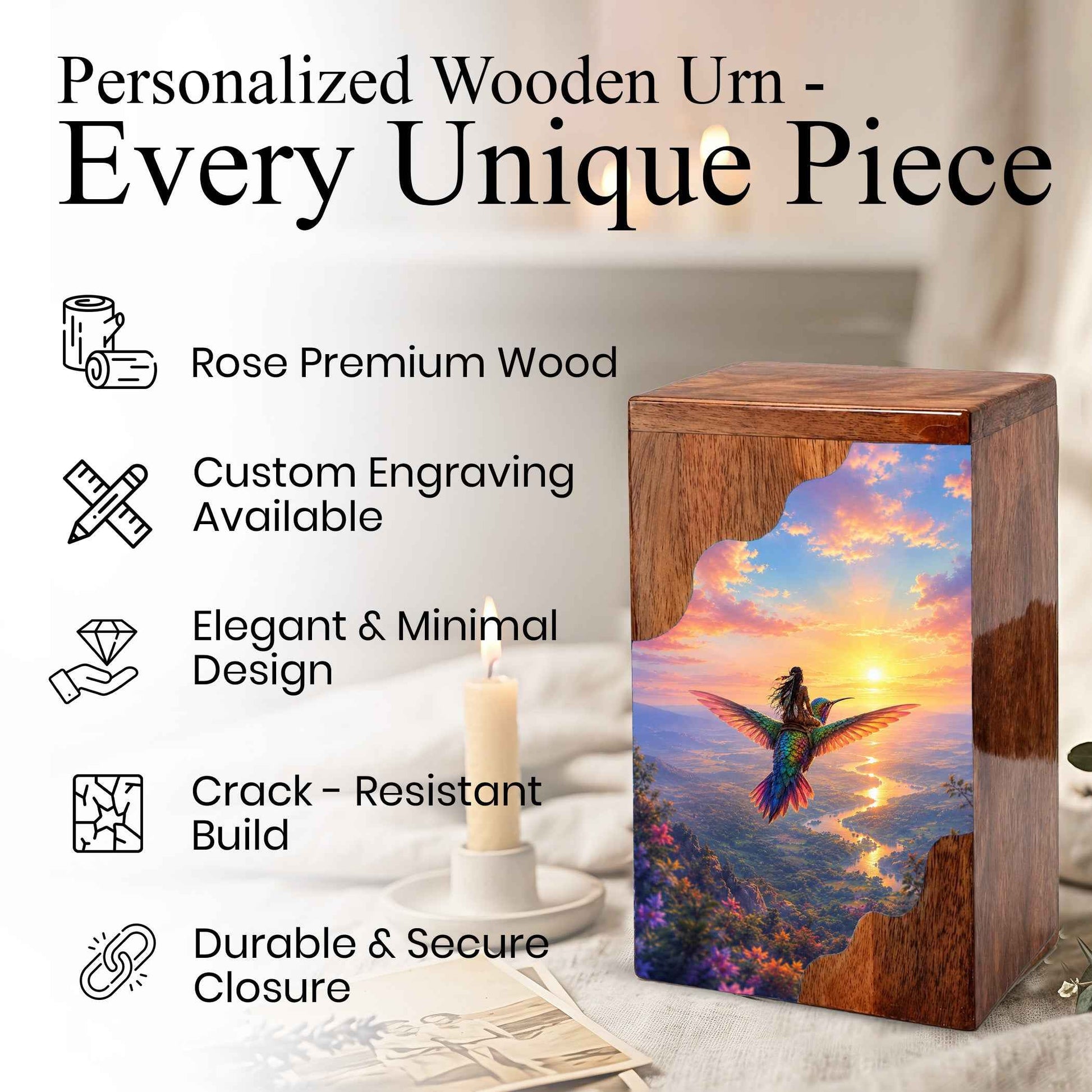 Hummingbird Wooden Cremation Urn for Human Ashes