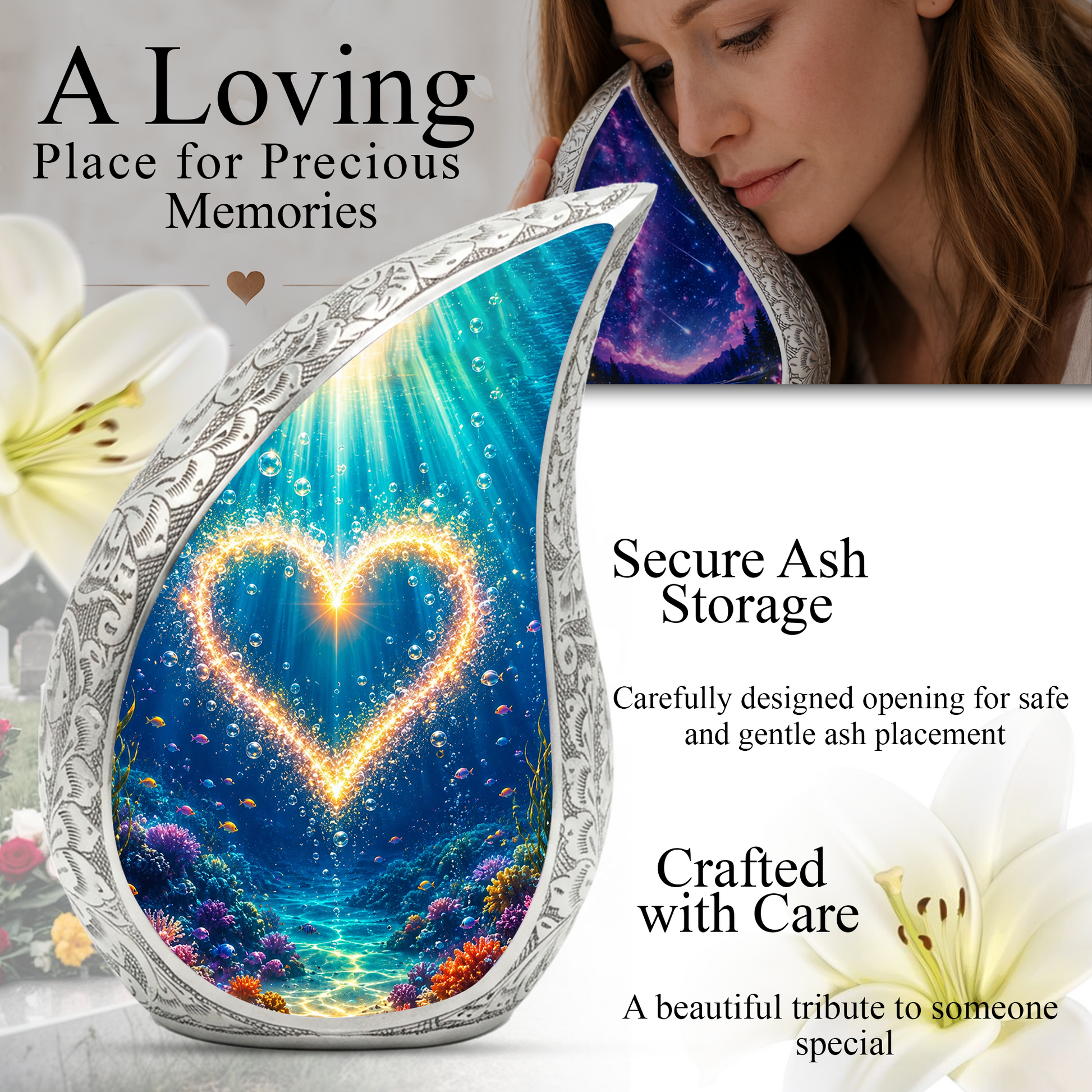 Ocean Heart Memorial Urn for Mom – Personalized Cremation Urn for Human Ashes | Underwater Heart Keepsake Urn for Women