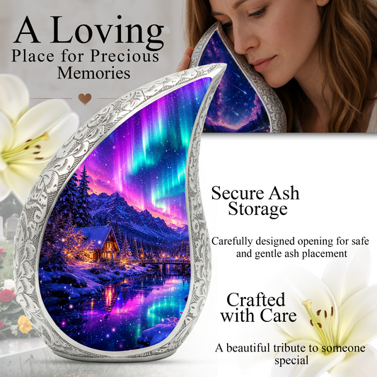 Aurora Winter Landscape Cremation Urn for Mom, Dad & Loved Ones | Beautiful Wooden Urns for Human Ashes, Personalized Memorial Adult Urn