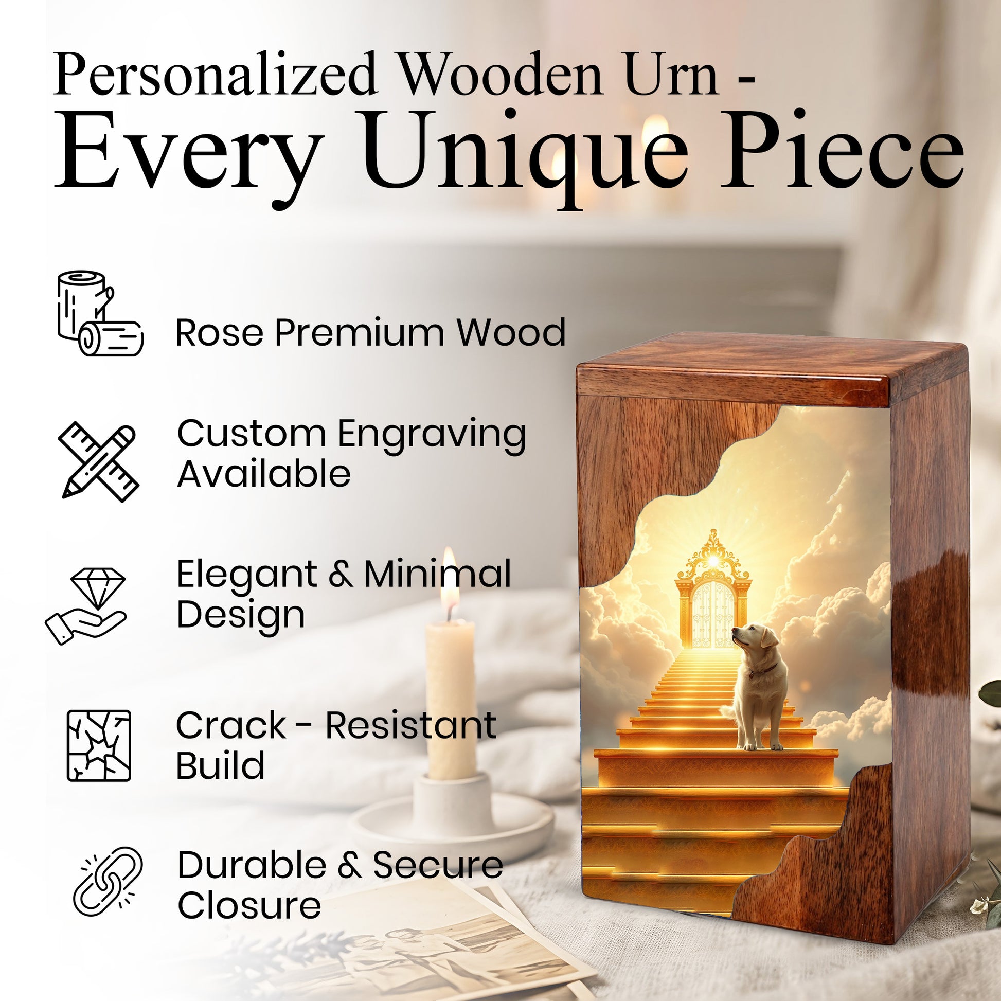 Dog Wooden Cremation Urn – Custom Pet Memorial Urn with Heavenly Dog