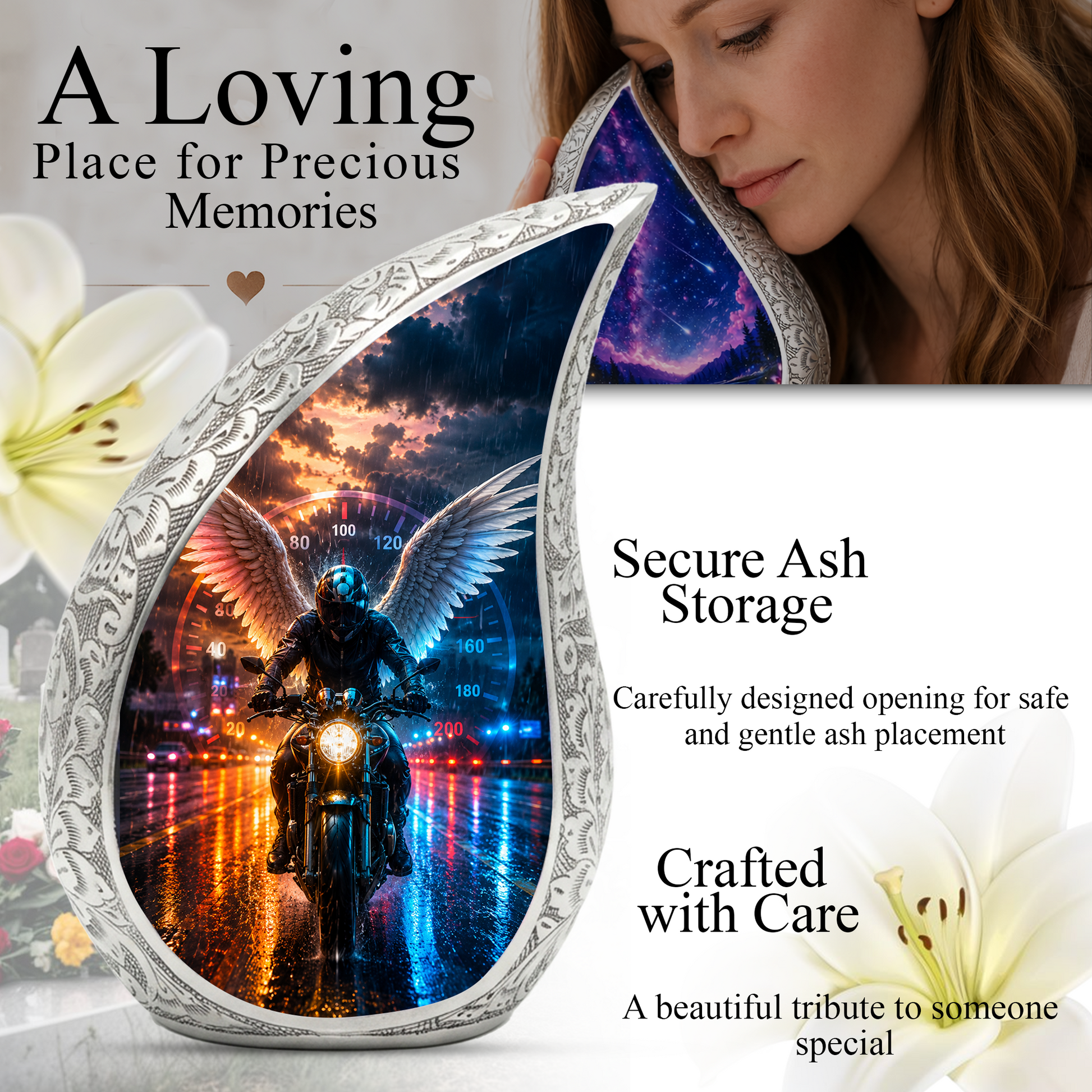 Guardian Angel Motorcycle Urn for Dad – Memorial Cremation Urn for Human Ashes