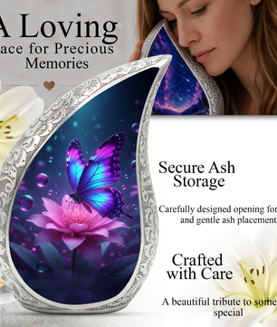 Butterfly Personalized Cremation Urn for Mom – Teardrop Style Aluminum Memorial Urn, 10 Inch