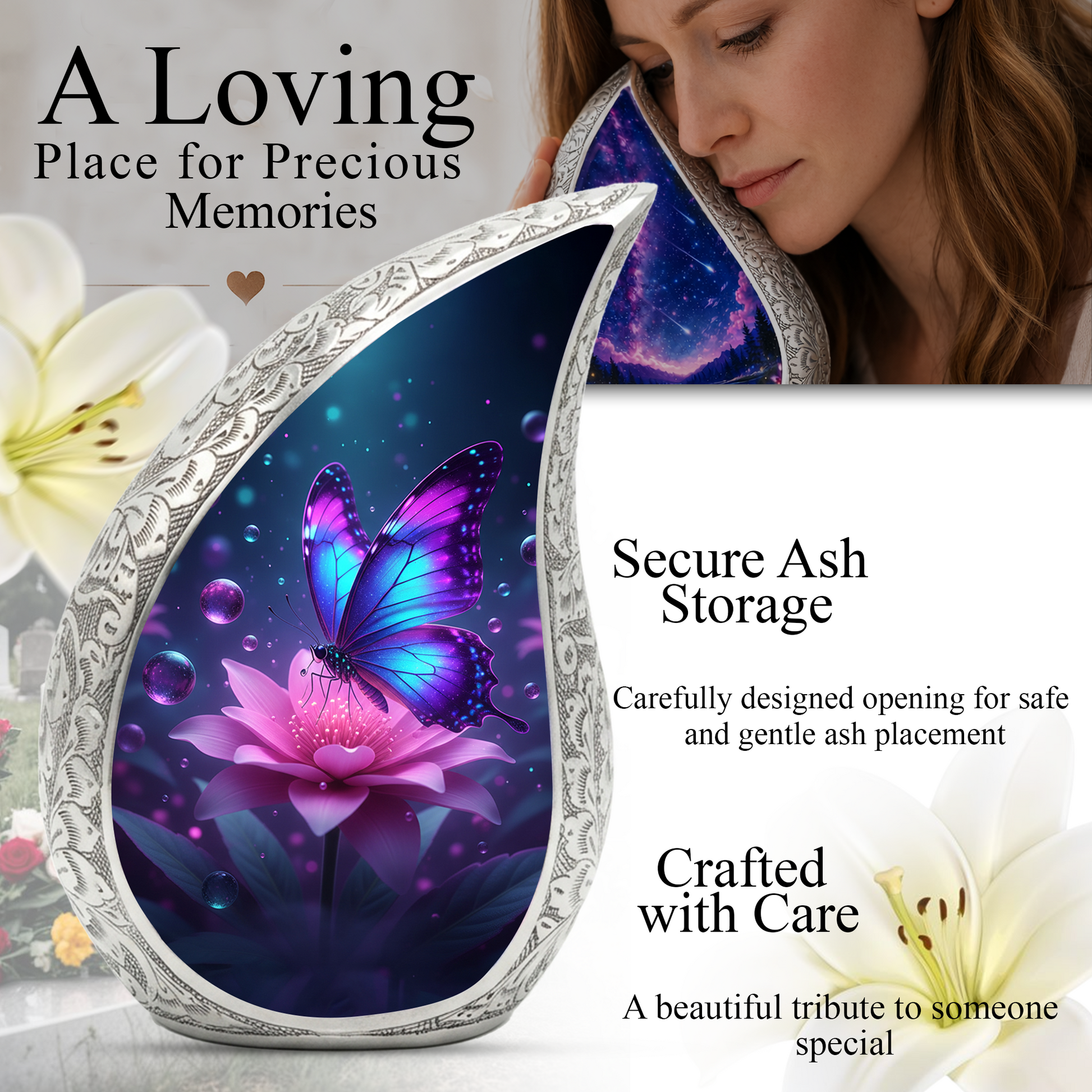 Butterfly Personalized Cremation Urn for Mom – Teardrop Style Aluminum Memorial Urn, 10 Inch