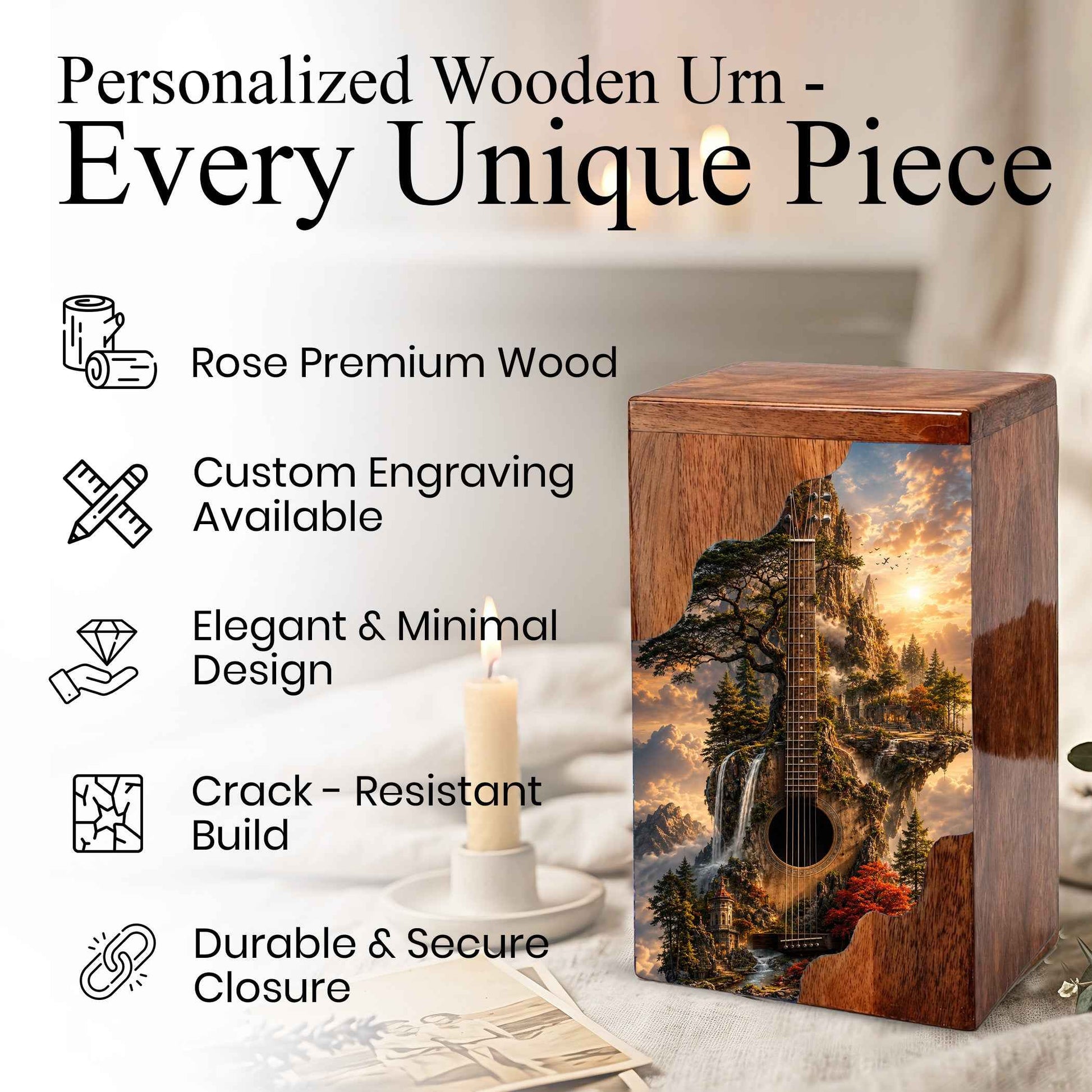 Guitar Wooden Cremation Urn – Wooden Urn for Human Ashes | Acoustic Guitar Memorial Urn