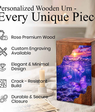 Purple Butterfly Ocean Wooden Cremation Urn – Wooden Urn for Human Ashes
