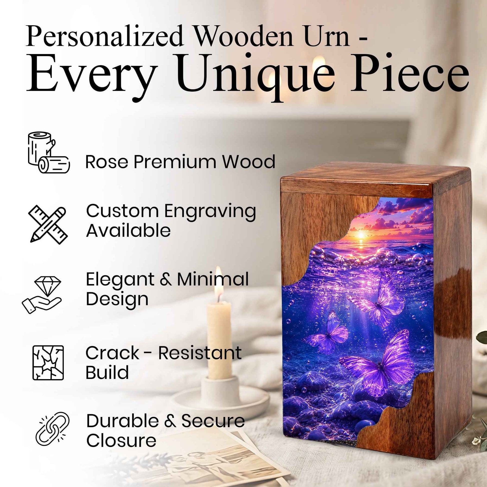 Purple Butterfly Ocean Wooden Cremation Urn – Wooden Urn for Human Ashes