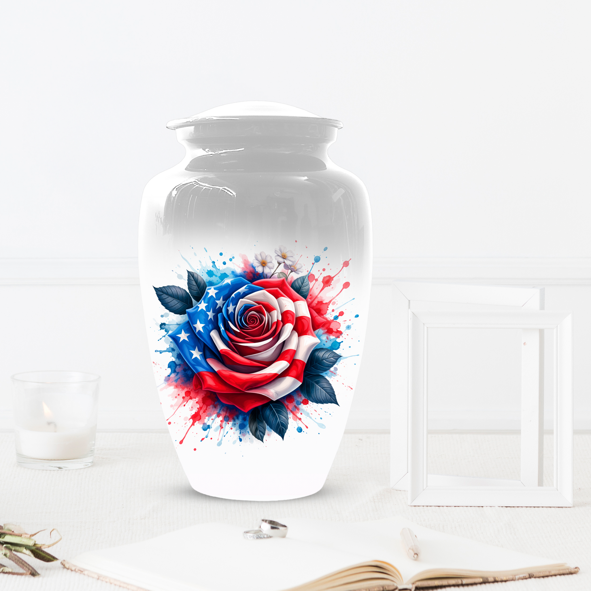 American Flag Rose Urn for Ashes, Patriotic Memorial Urn, Veteran Cremation Urn