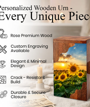 Sunflower Wooden Cremation Urn for Mom | Personalized Urn for Human Ashes