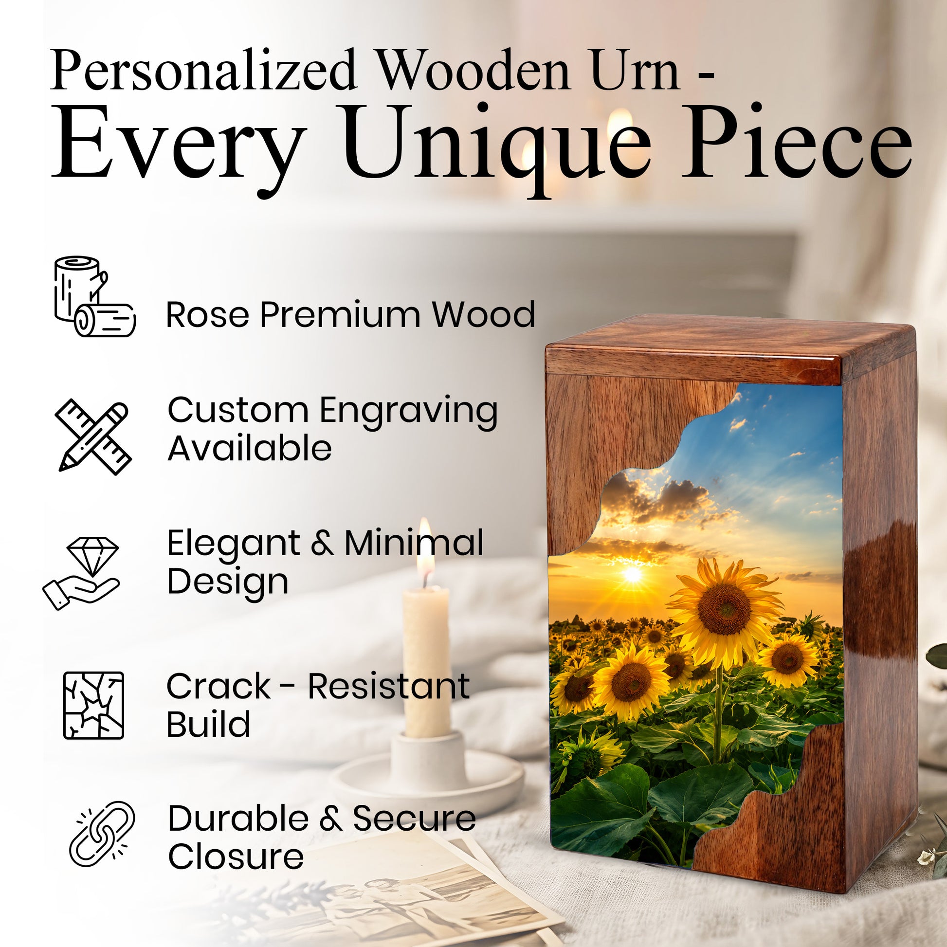 Sunflower Wooden Cremation Urn for Mom | Personalized Urn for Human Ashes