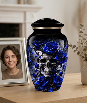 Blue Rose Skull Adult Urn for Ashes – Memorial Cremation Urn for Adults,