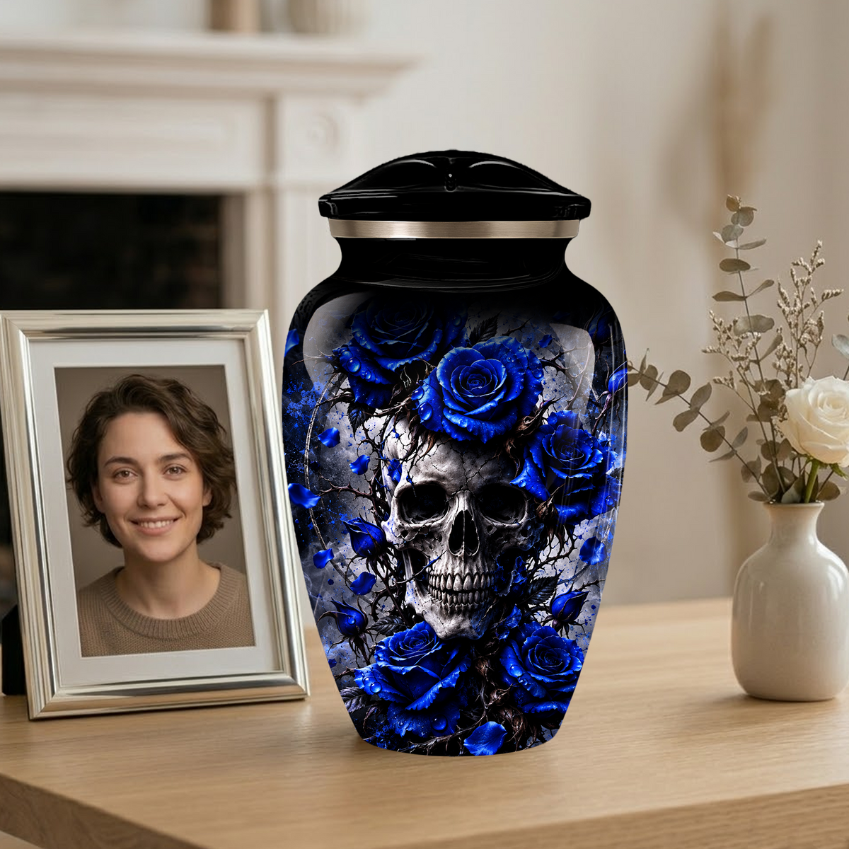 Blue Rose Skull Adult Urn for Ashes – Memorial Cremation Urn for Adults,