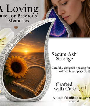 Beach Sunflower Urn for Human Ashes | Adult Cremation Urn with Sunflower & Coastal Design