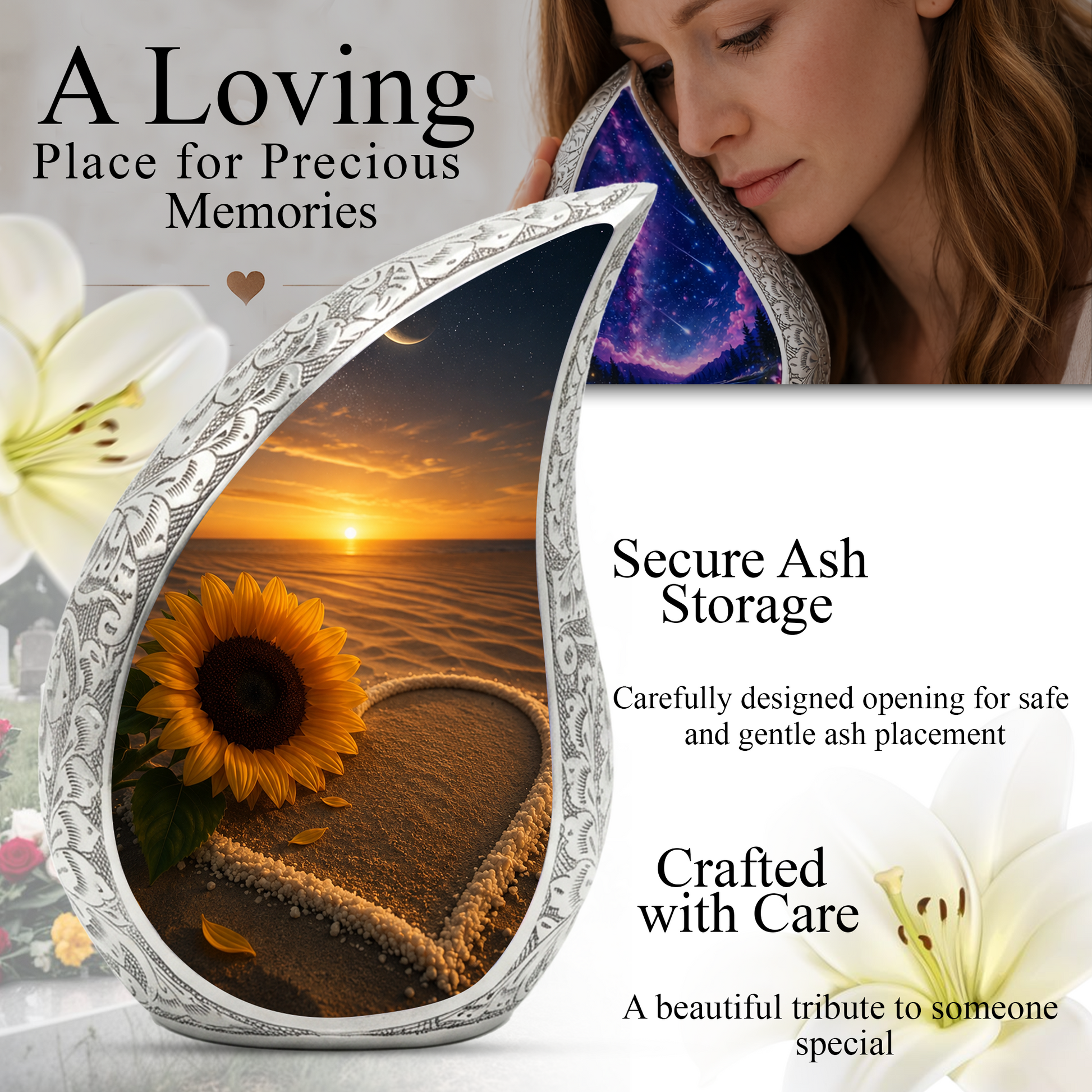 Beach Sunflower Urn for Human Ashes | Adult Cremation Urn with Sunflower & Coastal Design
