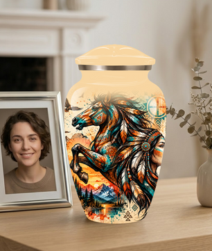 Personalized Adult Cremation Urn for Ashes, Native American Horse Memorial Urn, Tribal Horse Cremation Urn
