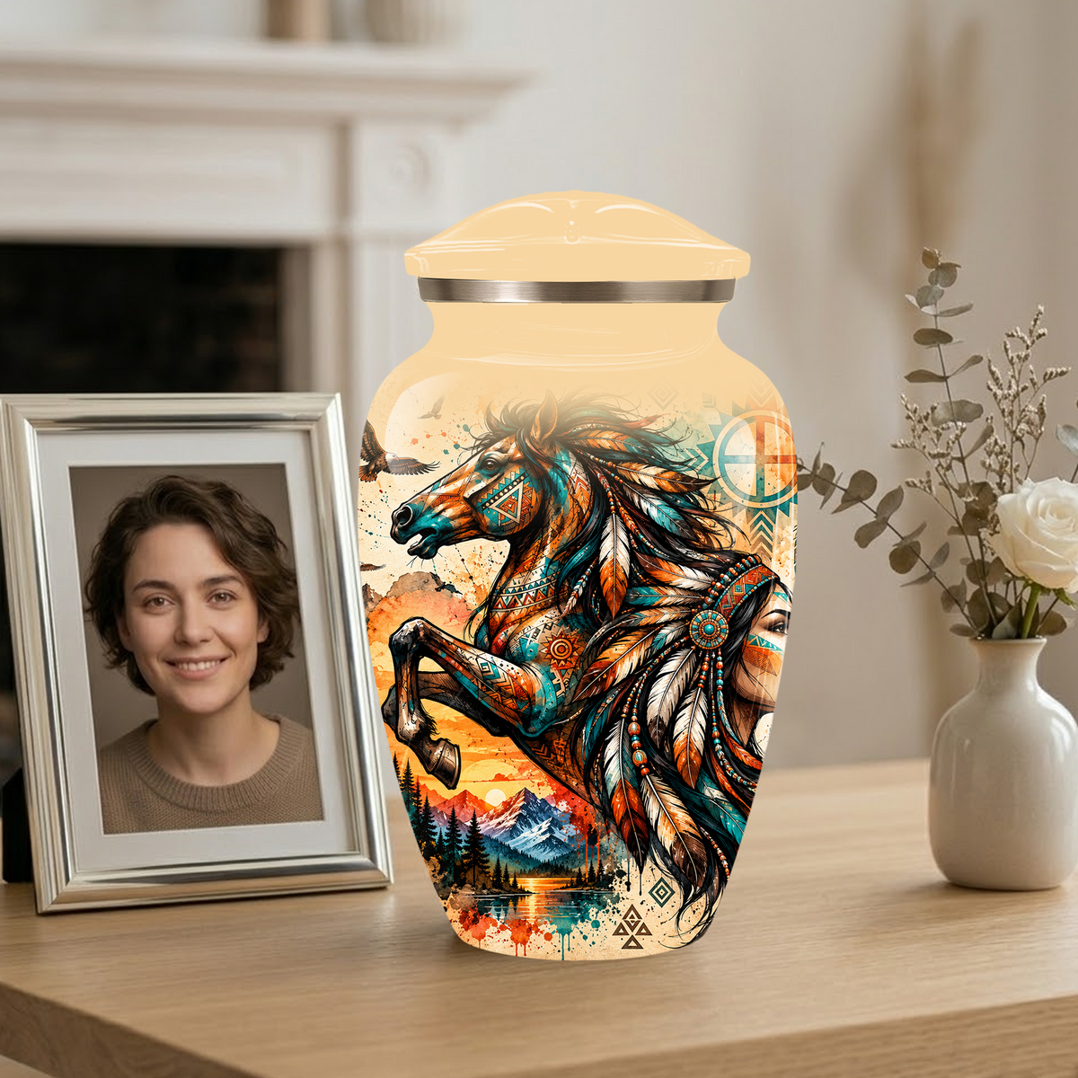Personalized Adult Cremation Urn for Ashes, Native American Horse Memorial Urn, Tribal Horse Cremation Urn
