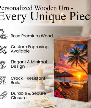Paradise Wooden Cremation Urn – Beach Theme Wooden Urn for Human Ashes
