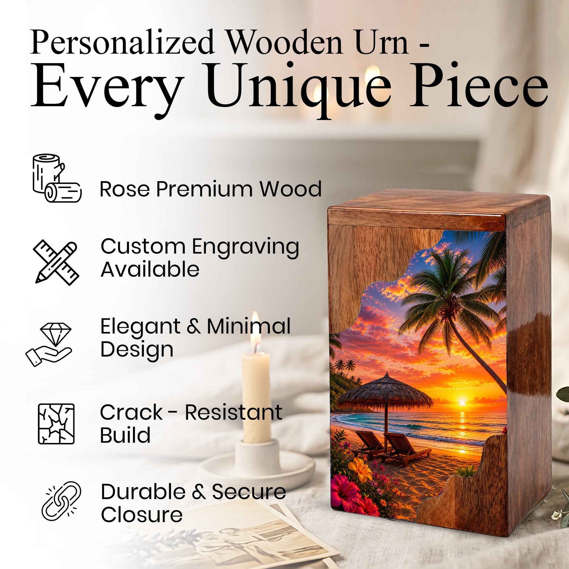 Paradise Wooden Cremation Urn – Beach Theme Wooden Urn for Human Ashes