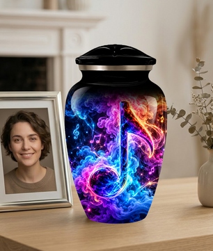 Musical Note Cremation Urn for Adult Ashes, Colorful Galaxy Music Memorial Urn, Adult Cremation Urn with Glowing Neon Treble Clef Artwork