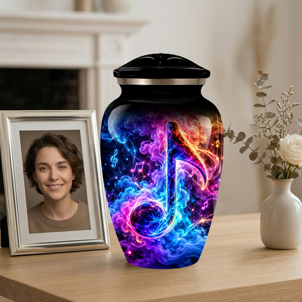 Musical Note Cremation Urn for Adult Ashes, Colorful Galaxy Music Memorial Urn, Adult Cremation Urn with Glowing Neon Treble Clef Artwork