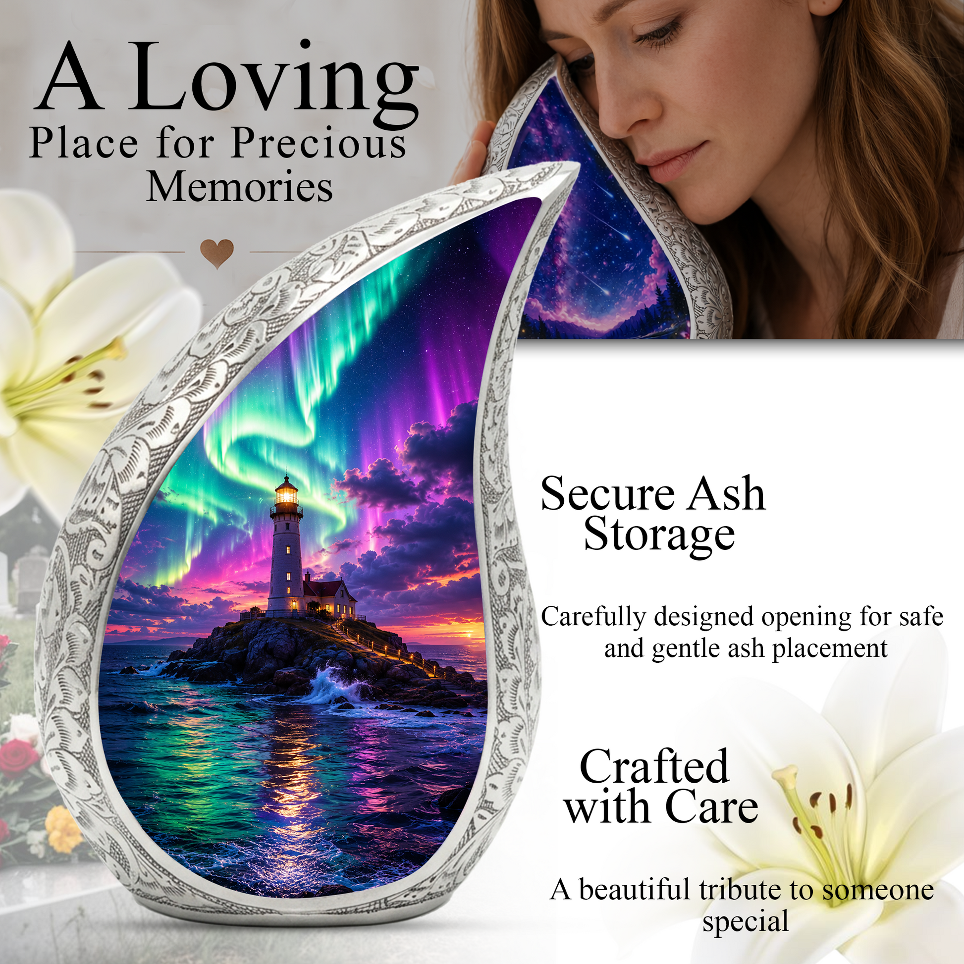Ocean Lighthouse Cremation Urn for Human Ashes | Aurora Beach & Coastal Memorial Urn | Beautiful Ocean Urn for Mom, Dad, Women & Men