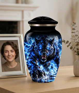 Black Panther Cremation Urn for Ashes, Blue Lightning Big Cat Urn for Human Ashes