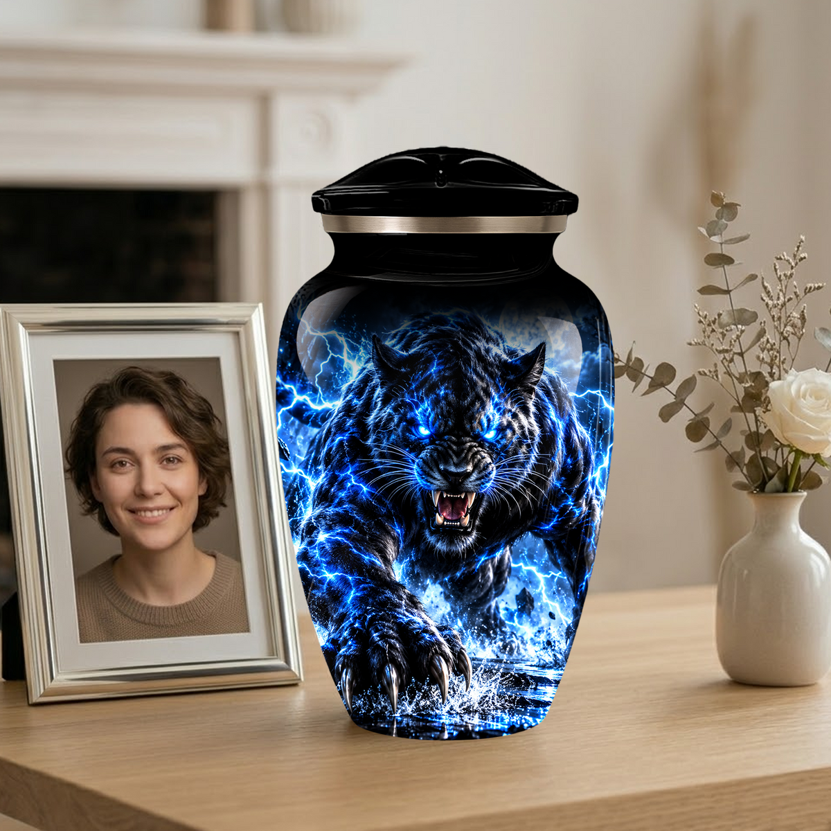 Black Panther Cremation Urn for Ashes, Blue Lightning Big Cat Urn for Human Ashes