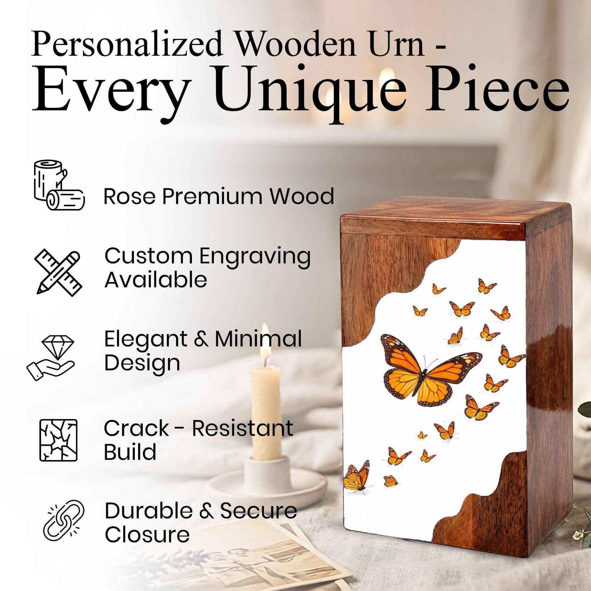 Wooden Butterfly Cremation Urn – Monarch Butterfly Memorial Urn | Custom Wooden Urn for Human Ashes