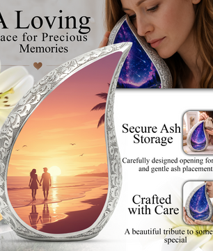 Personalized Beach Sunset Cremation Urn – Custom Ocean Memorial Urn for Ashes, Couple Beach Teardrop Aluminum Adult Urn, 10 Inch