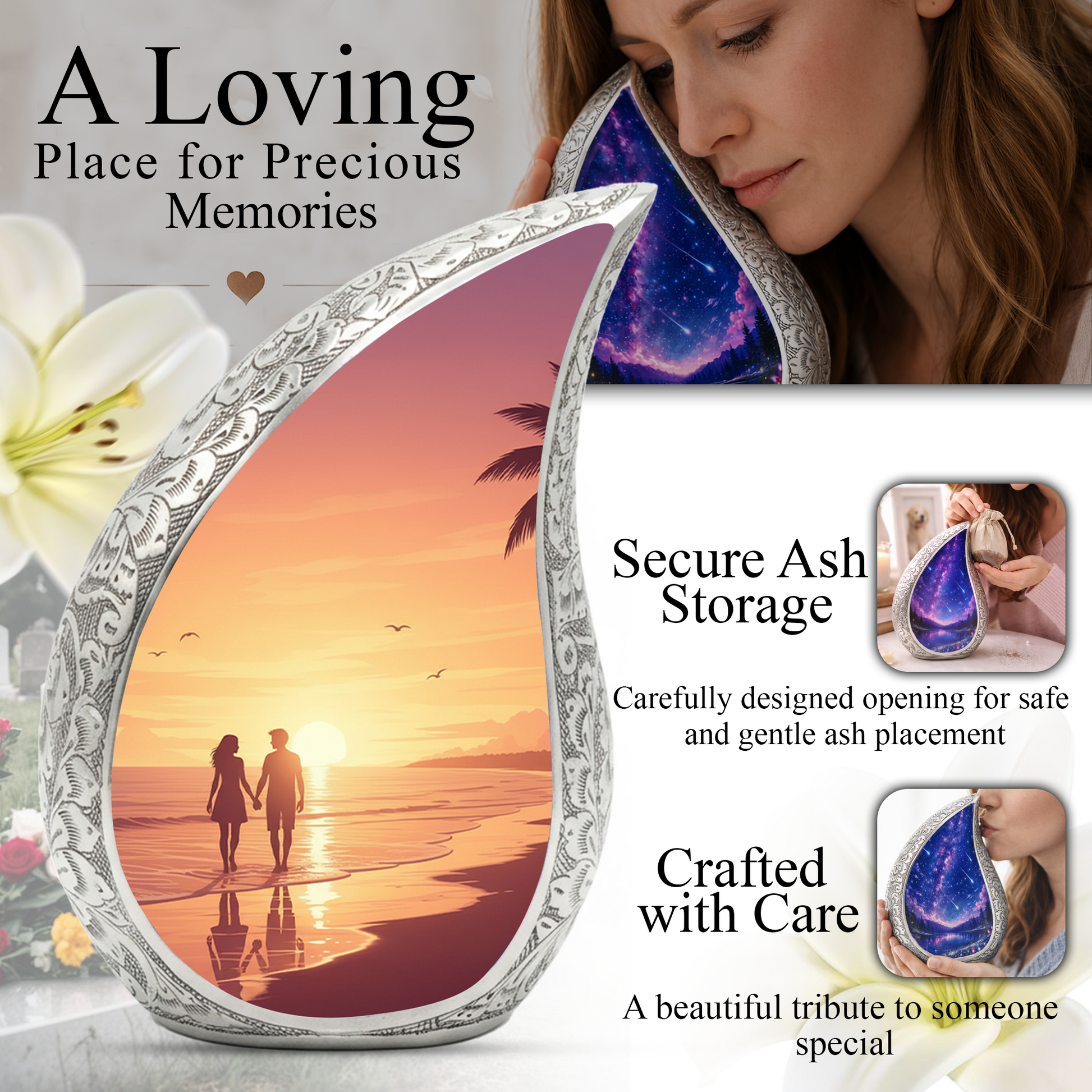 Personalized Beach Sunset Cremation Urn – Custom Ocean Memorial Urn for Ashes, Couple Beach Teardrop Aluminum Adult Urn, 10 Inch