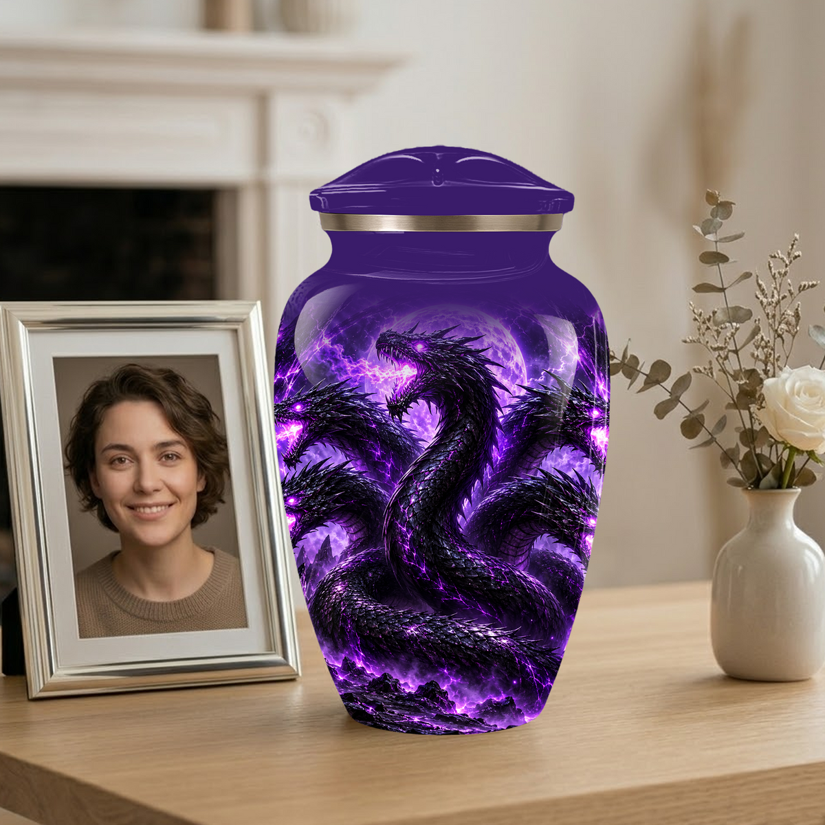 Purple Dragon Cremation Urn for Ashes | Personalized Dragon Memorial Urn | Three Headed Dragon Adult Urn