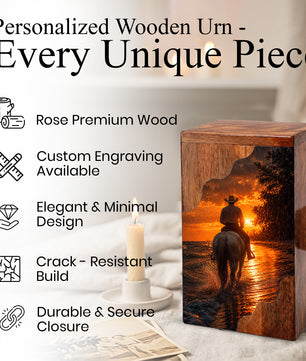 Western Cowboy Wooden Cremation Urn for Human Ashes