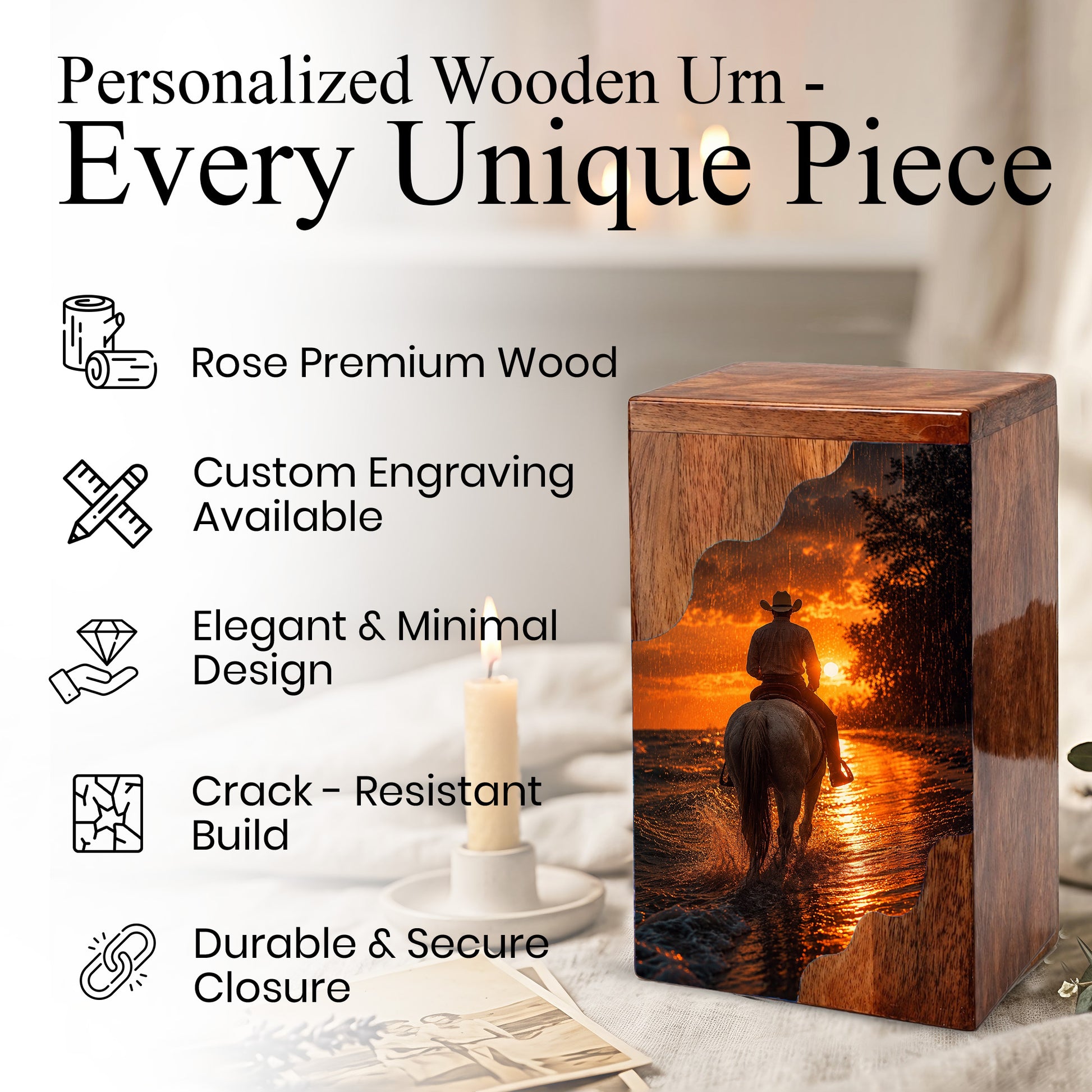 Western Cowboy Wooden Cremation Urn for Human Ashes