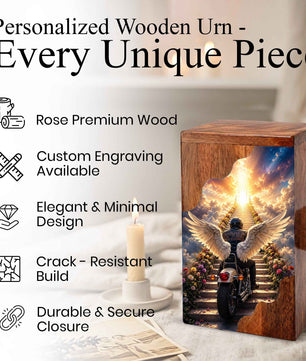 Motorcycle Wooden Cremation Urn for Dad – Handcrafted Memorial Urn with Angel Wings