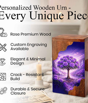 Purple Rose Tree Wooden Cremation Urn – Floral Memorial Urn with Tree of Life