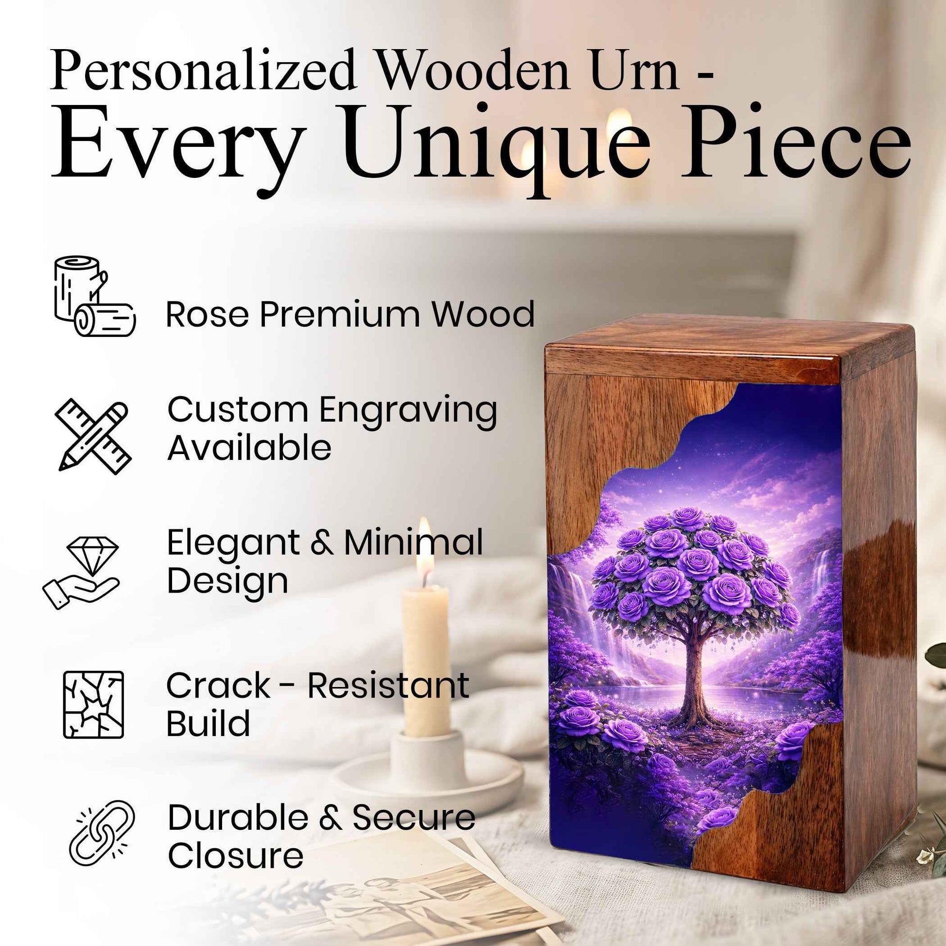 Purple Rose Tree Wooden Cremation Urn – Floral Memorial Urn with Tree of Life