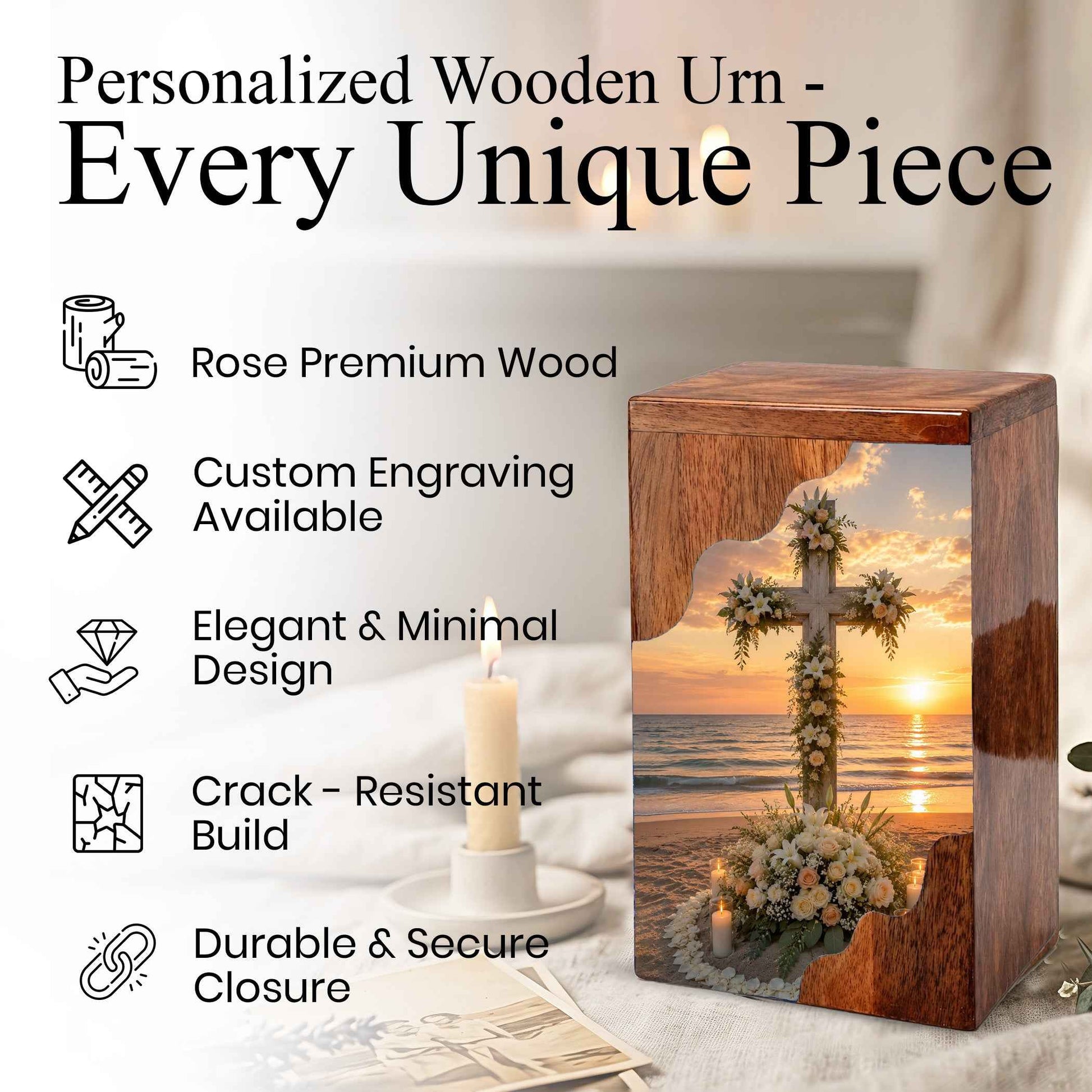 Wooden Cremation Urn for Human Ashes, Christian Urn