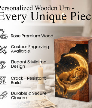 Lion Wooden Cremation Urn – Celestial Moon Memorial Urn for Human Ashes