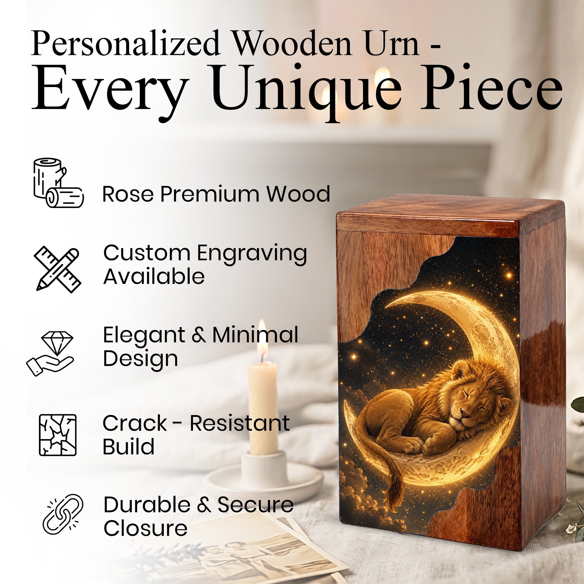 Lion Wooden Cremation Urn – Celestial Moon Memorial Urn for Human Ashes
