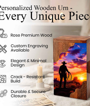 Cowboy Sunset Wooden Cremation Urn – Wooden Urn for Human Ashes