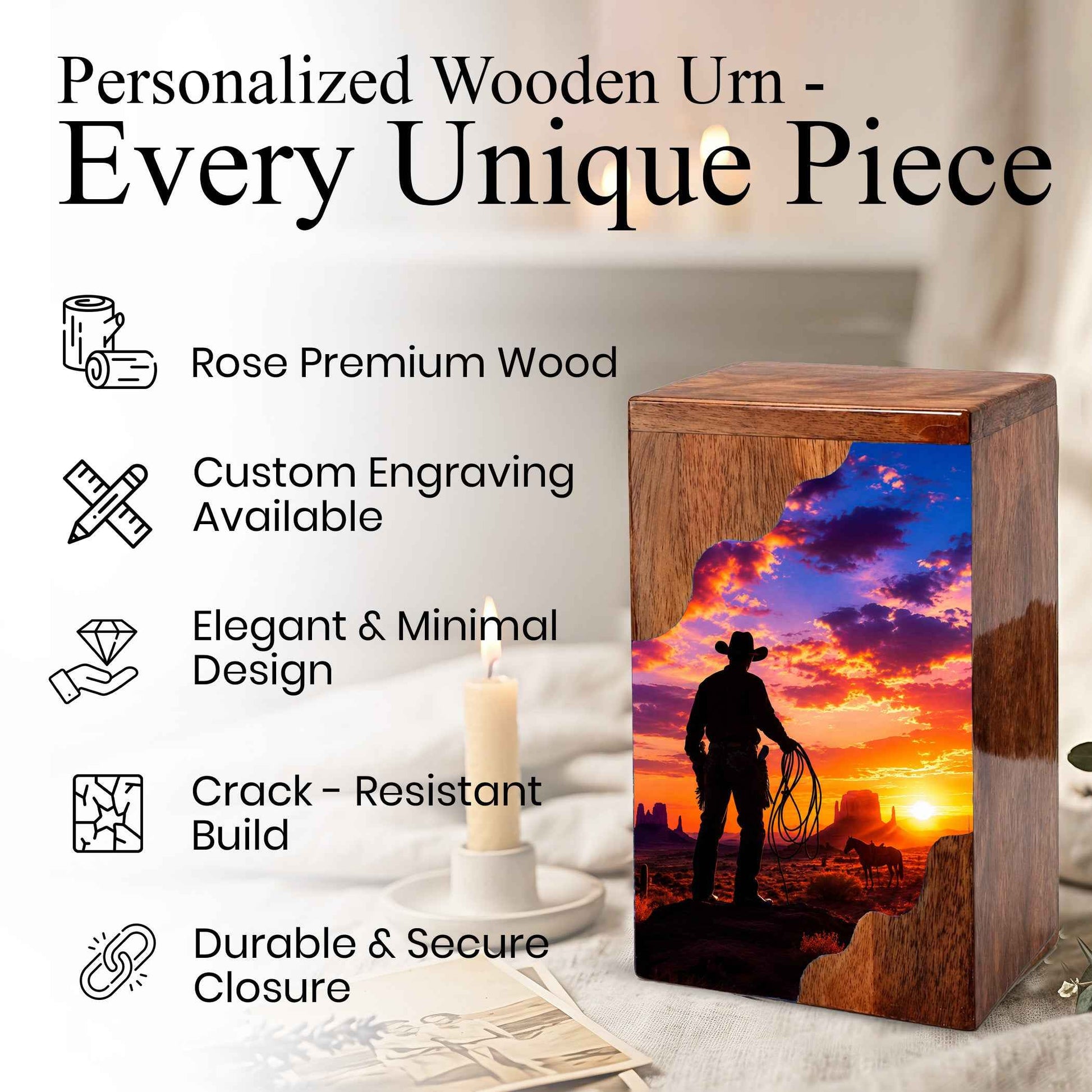 Cowboy Sunset Wooden Cremation Urn – Wooden Urn for Human Ashes
