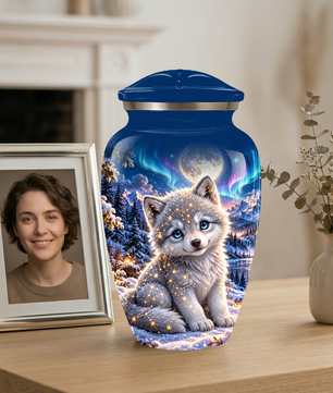 Celestial White Wolf Cremation Urn for Adult Ashes – Magical Winter Memorial Urn