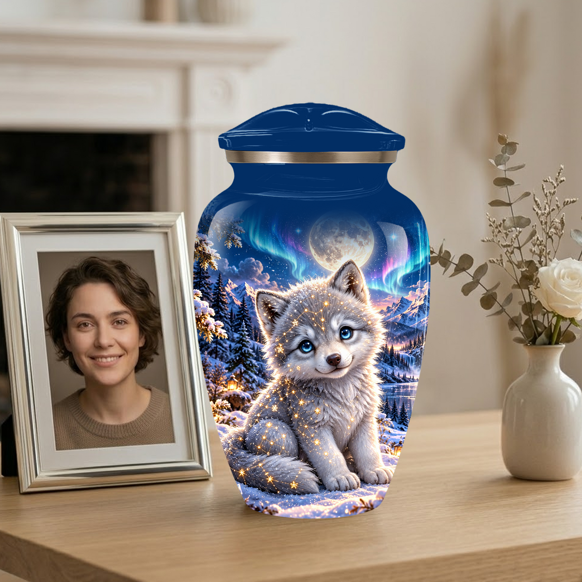 Celestial White Wolf Cremation Urn for Adult Ashes – Magical Winter Memorial Urn