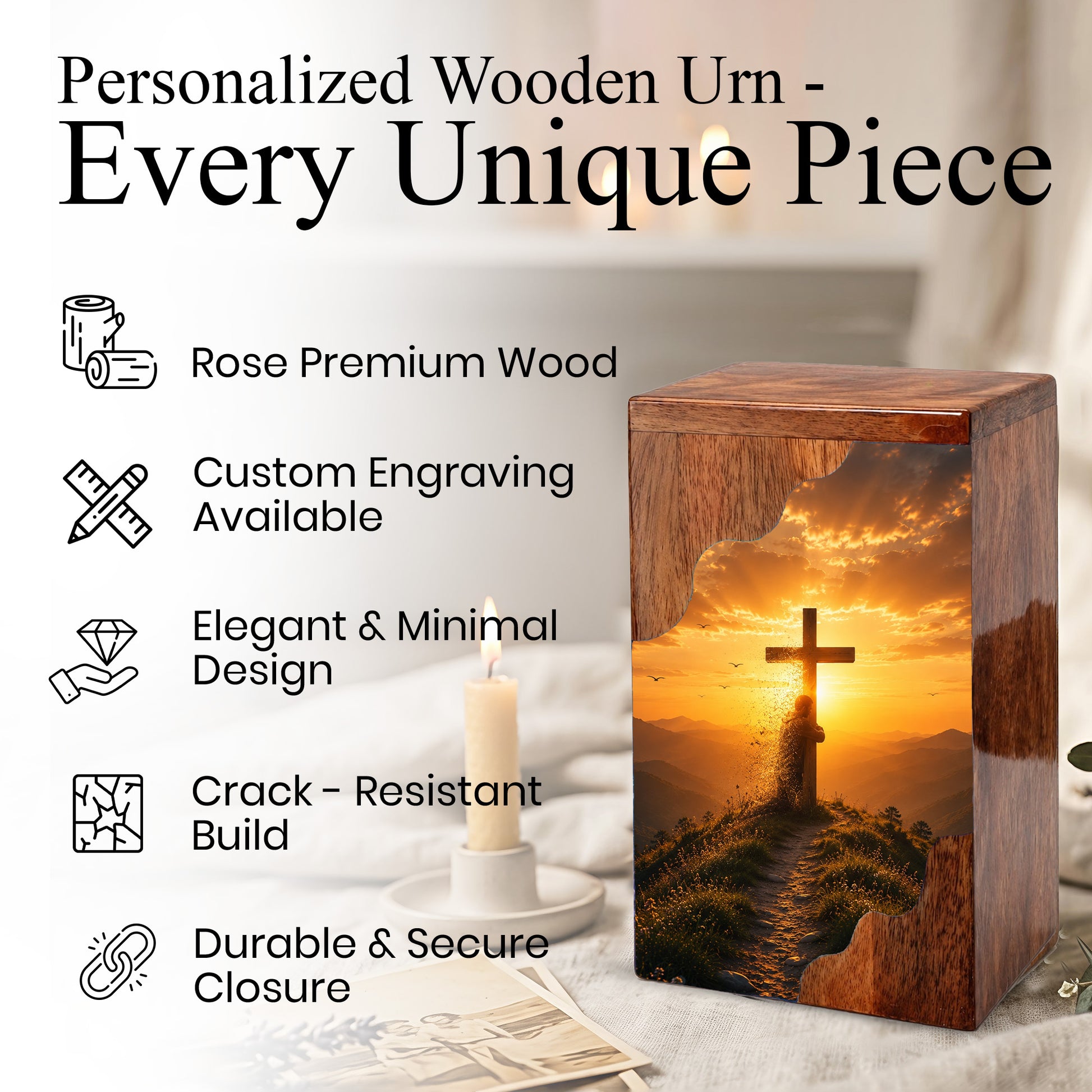 Christian Cross Wooden Cremation Urn – Personalized Memorial Urn for Human Ashes