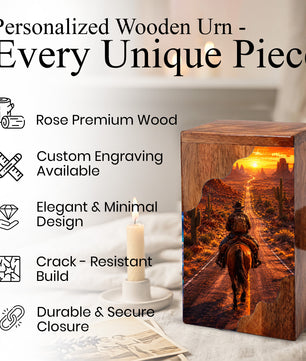 Cowboy Wooden Cremation Urn – Western Memorial Urn for Human Ashes