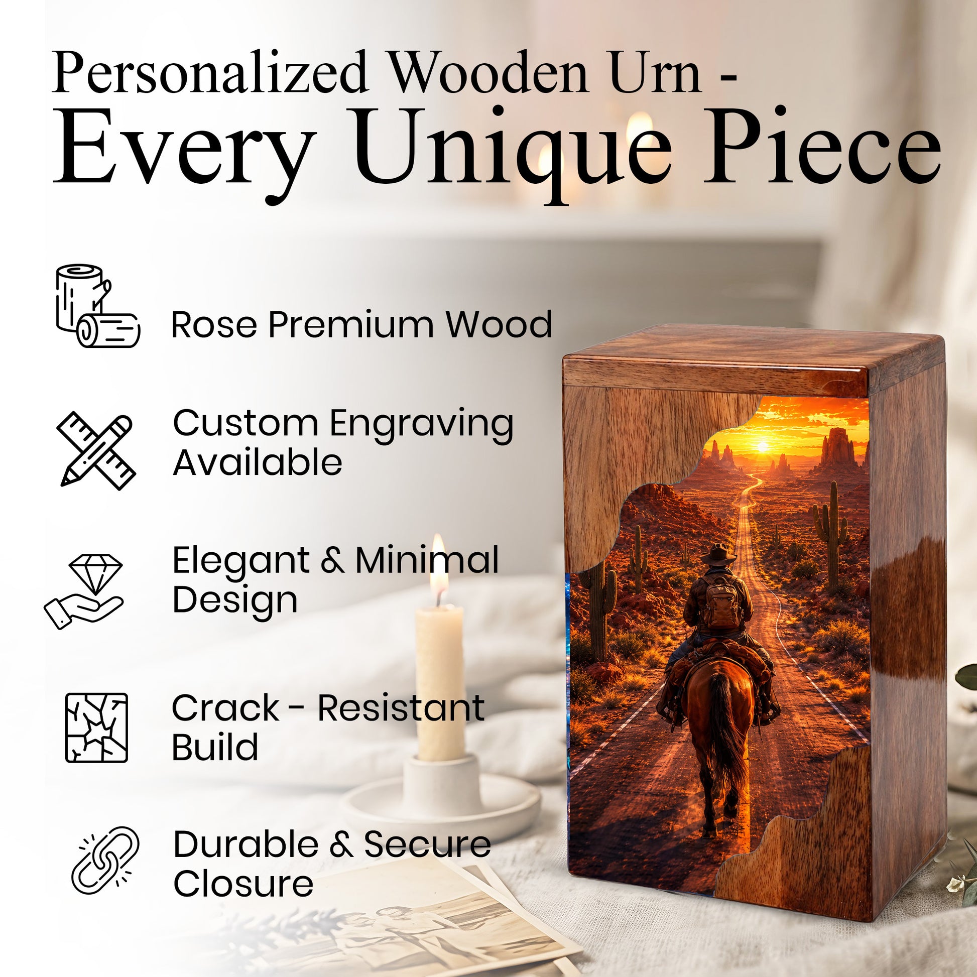 Cowboy Wooden Cremation Urn – Western Memorial Urn for Human Ashes