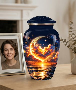 Personalized Adult Cremation Urn for Ashes, Golden Crescent Moon Ocean Memorial Urn, Custom Urn
