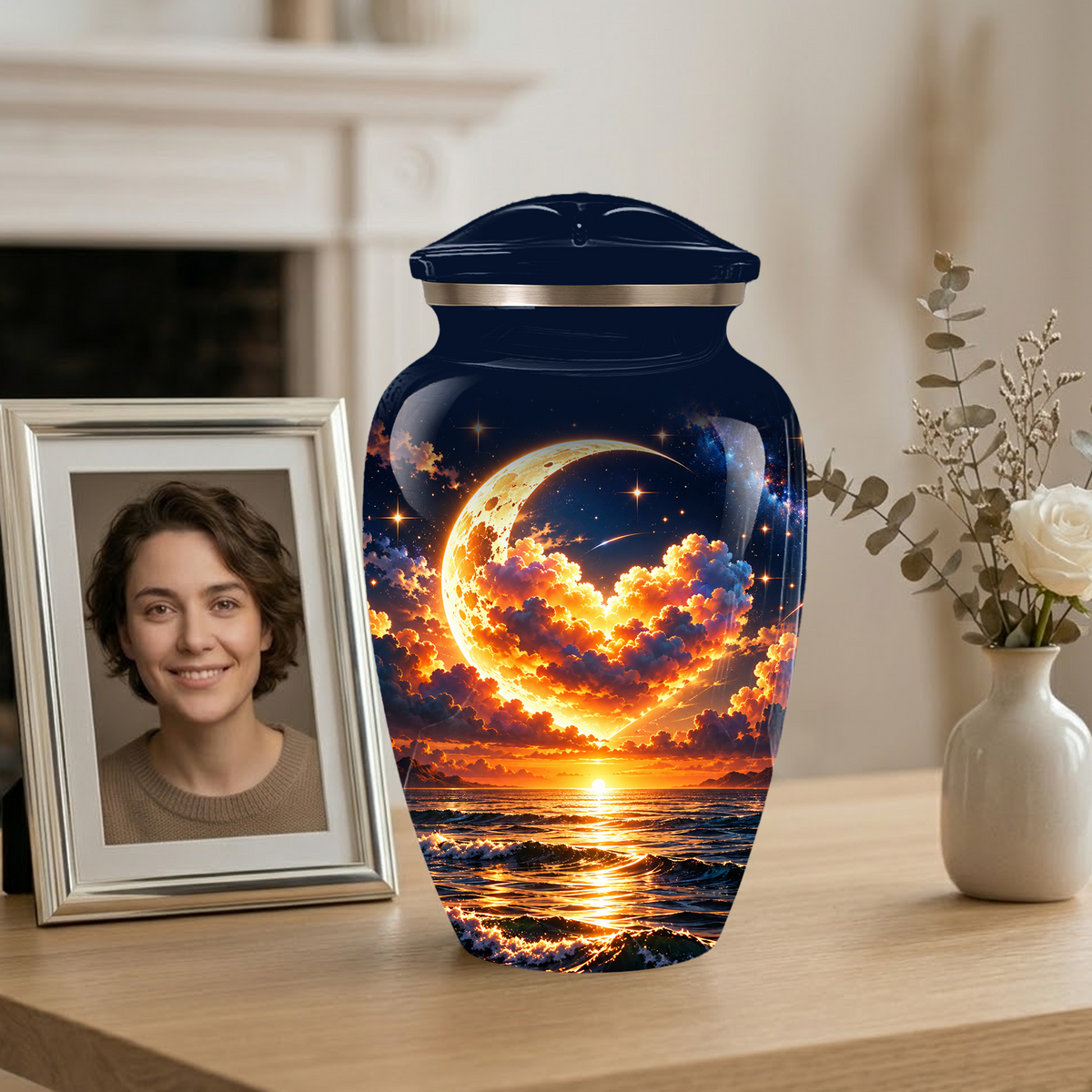 Personalized Adult Cremation Urn for Ashes, Golden Crescent Moon Ocean Memorial Urn, Custom Urn